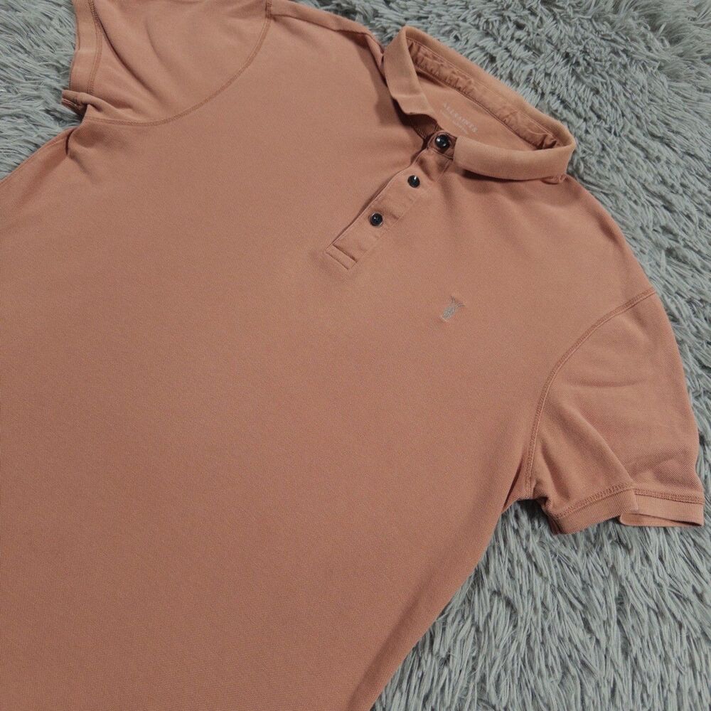 All Saints Shirt Large Orange Peach Polo Form Short Sleeve Ramskull Logo Mens
